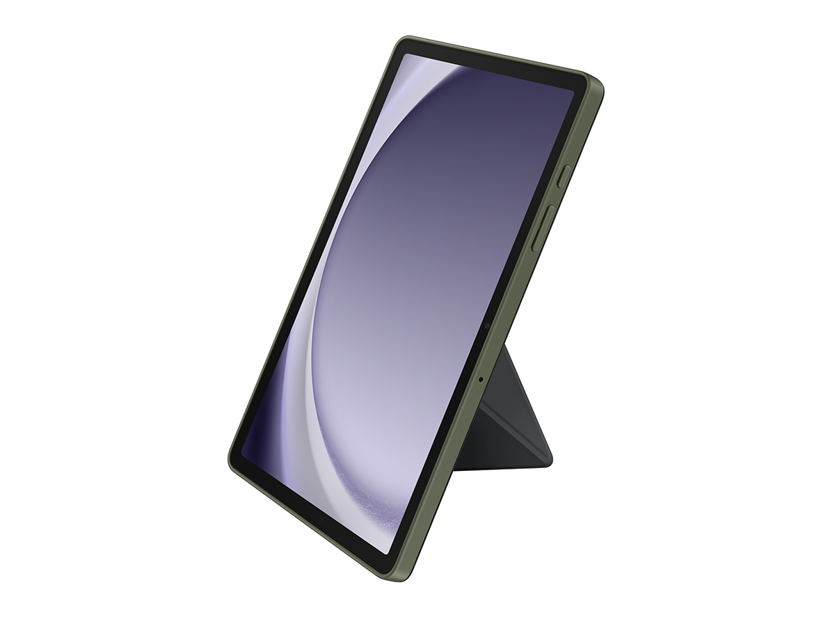 Slide 5: Samsung Tab A9+ Book Cover front view of tablet in the cover using the stand in portrait position.