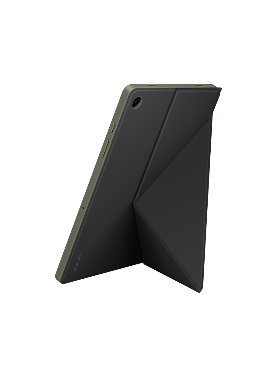Image 3: Samsung Tab A9+ Book Cover rear view of tablet in the cover using the stand in portrait position.