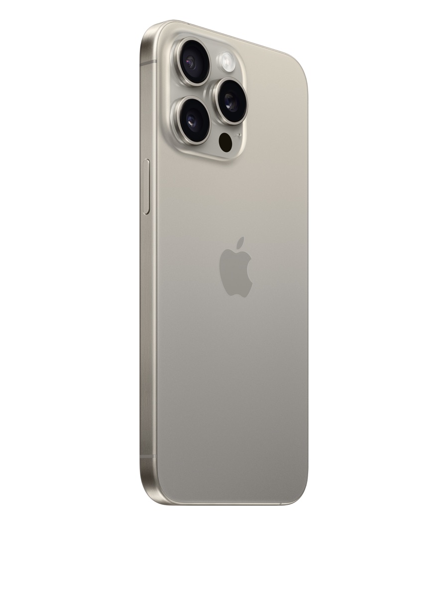 Image 2: Apple iPhone 15 Pro Max rear view, full length three quarter angle in Natural Titanium colour.