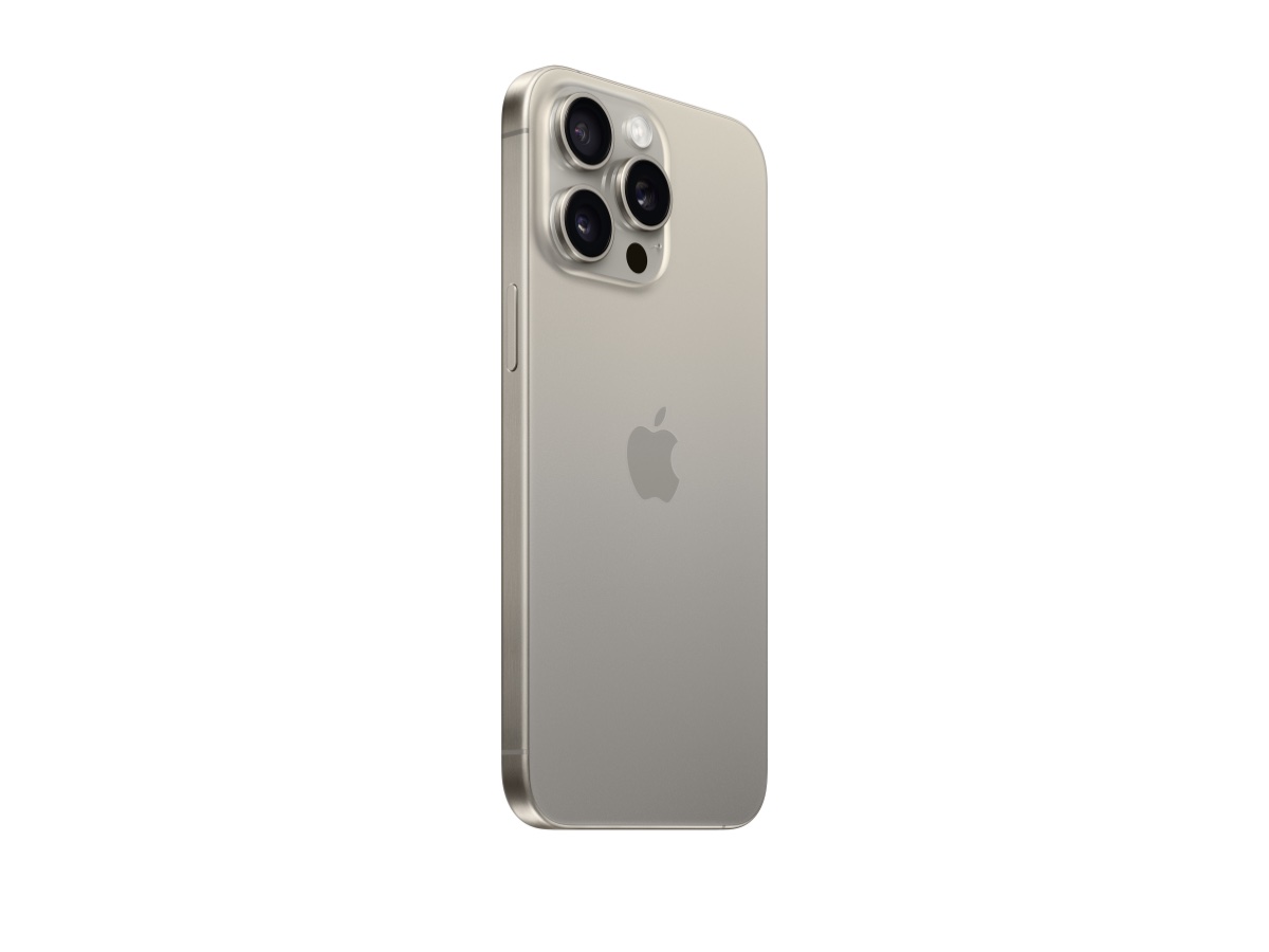 Slide 2: Apple iPhone 15 Pro Max rear view, full length three quarter angle in Natural Titanium colour.