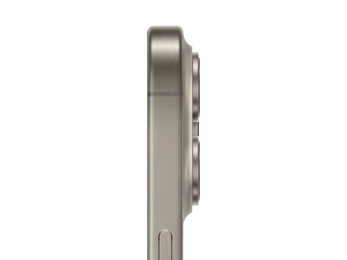 Slide 3: Apple iPhone 15 Pro Max close up, side profile view of triple camera system in Natural Titanium colour.