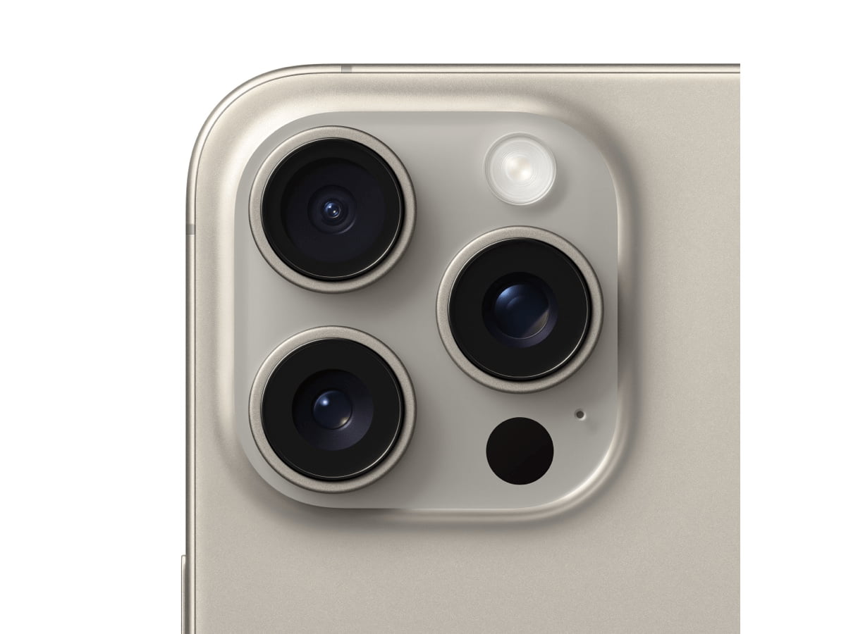 Slide 4: Apple iPhone 15 Pro Max close up of triple camera system in Natural Titanium colour.