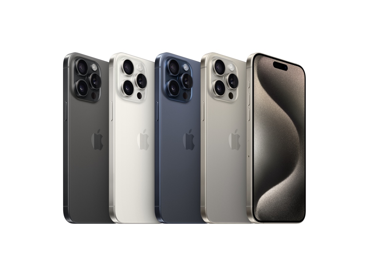 Slide 5: Apple iPhone 15 Pro Max models in a row, front and rear views, full length three quarter angle, in various colours.