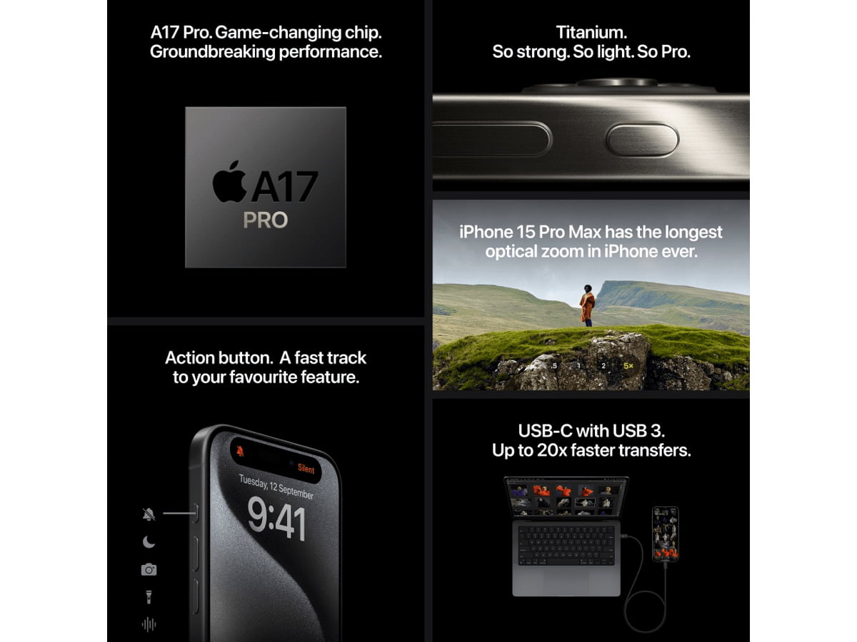 Slide 7: Apple iPhone 15 Pro Max features montage. The first image is an A 17 Pro chip. Text above the chip reads: A17 Pro. Game changing chip. Groundbreaking performance. The second image is an iPhone 15 Pro Max side profile view, close up. Text above the iPhone 15 Pro Max reads: Titanium. So strong. So light. So Pro. The third image is a mountain landscape with a person in the mid distance. Text above the mountain reads: iPhone 15 Pro Max has the longest optical zoom in iPhone ever. The fourth image is an iPhone 15 Pro Max connected to an open MacBook via a USB C cable. Text above the devices reads: USB C with USB 3. Up to 20x faster transfers. The fifth image is an iPhone 15 Pro Max, front view three quarter angle, showing the Action button on the side of the phone, with icons depicting various functions of the button. Text above the iPhone 15 Pro Max reads: Action button. A fast track to your favourite feature.