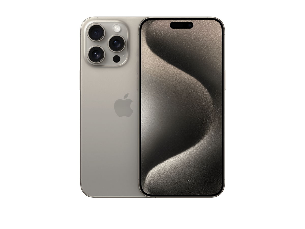 Slide 1: Apple iPhone 15 Pro Max front and rear view full length in Natural Titanium colour.
