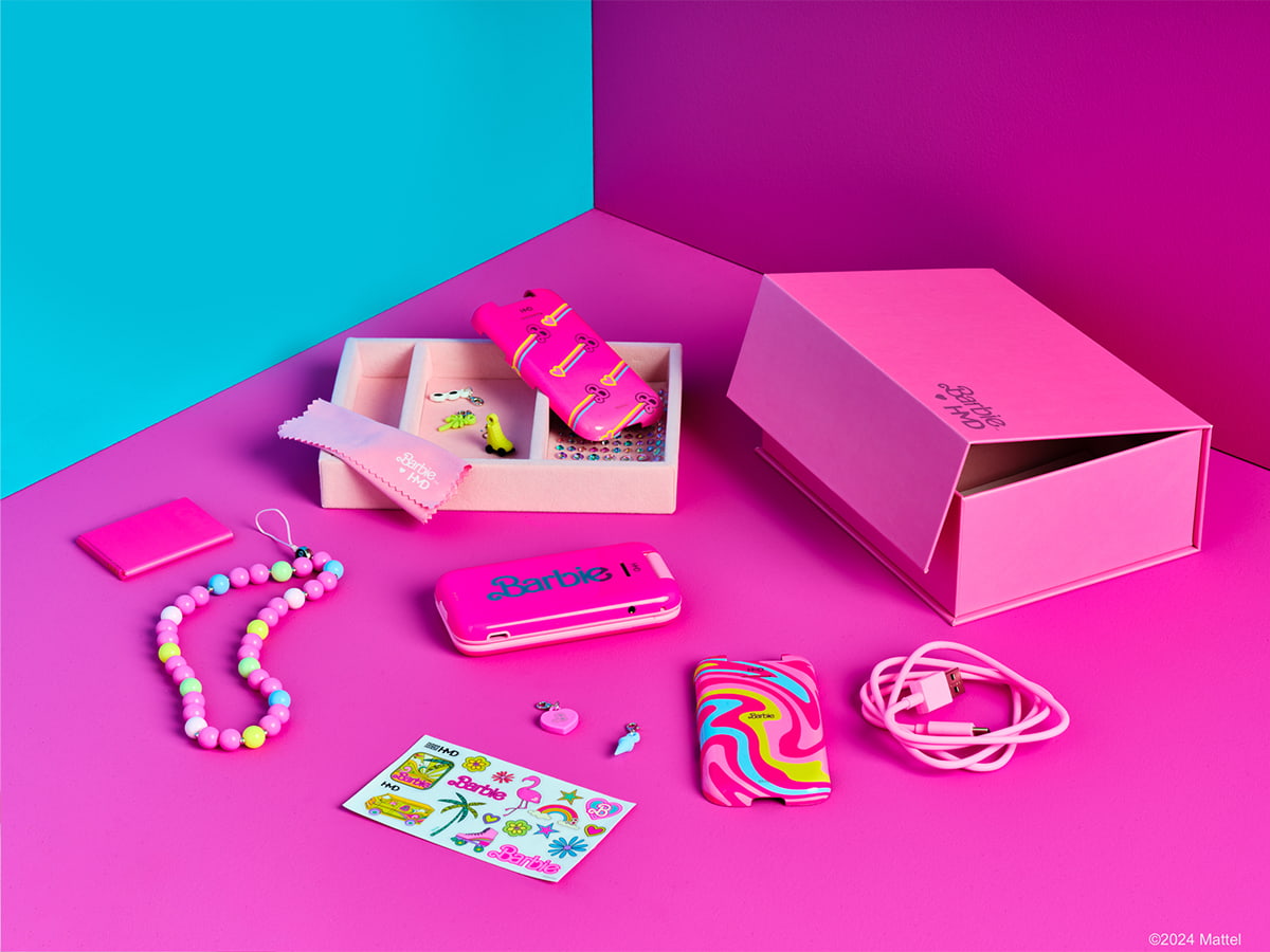 Slide 1: HMD Barbie Phone Image shows the accessories included with this device, which are listed in the What's in the box section of this page. 