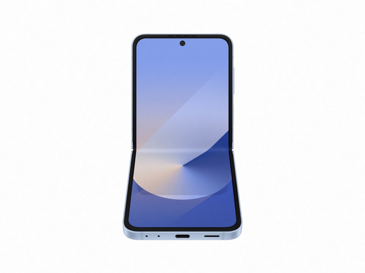 Slide 3: Samsung Galaxy Z Flip6 half open front view in Blue colour 