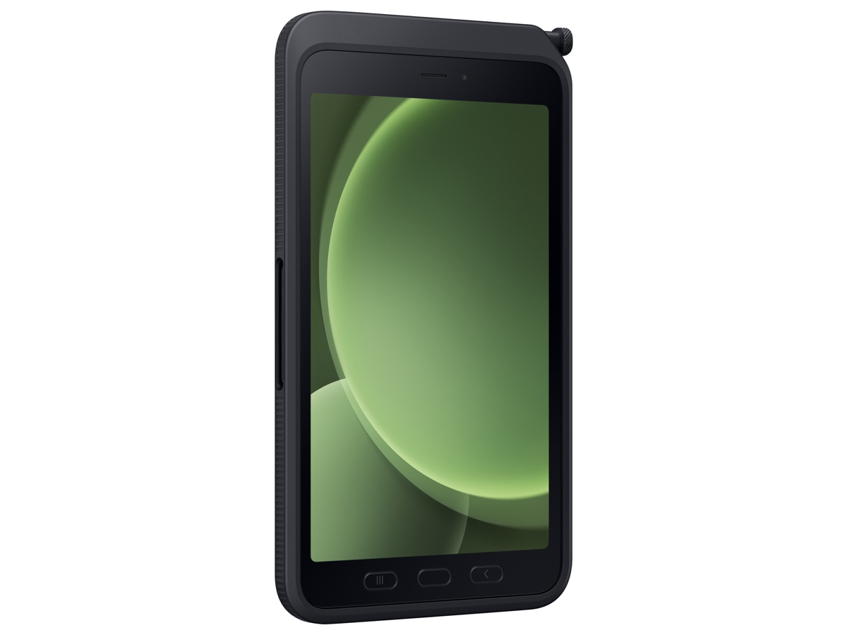 Slide 3: Samsung Galaxy Tab Active5 front view, three quarter left angle in Green colour