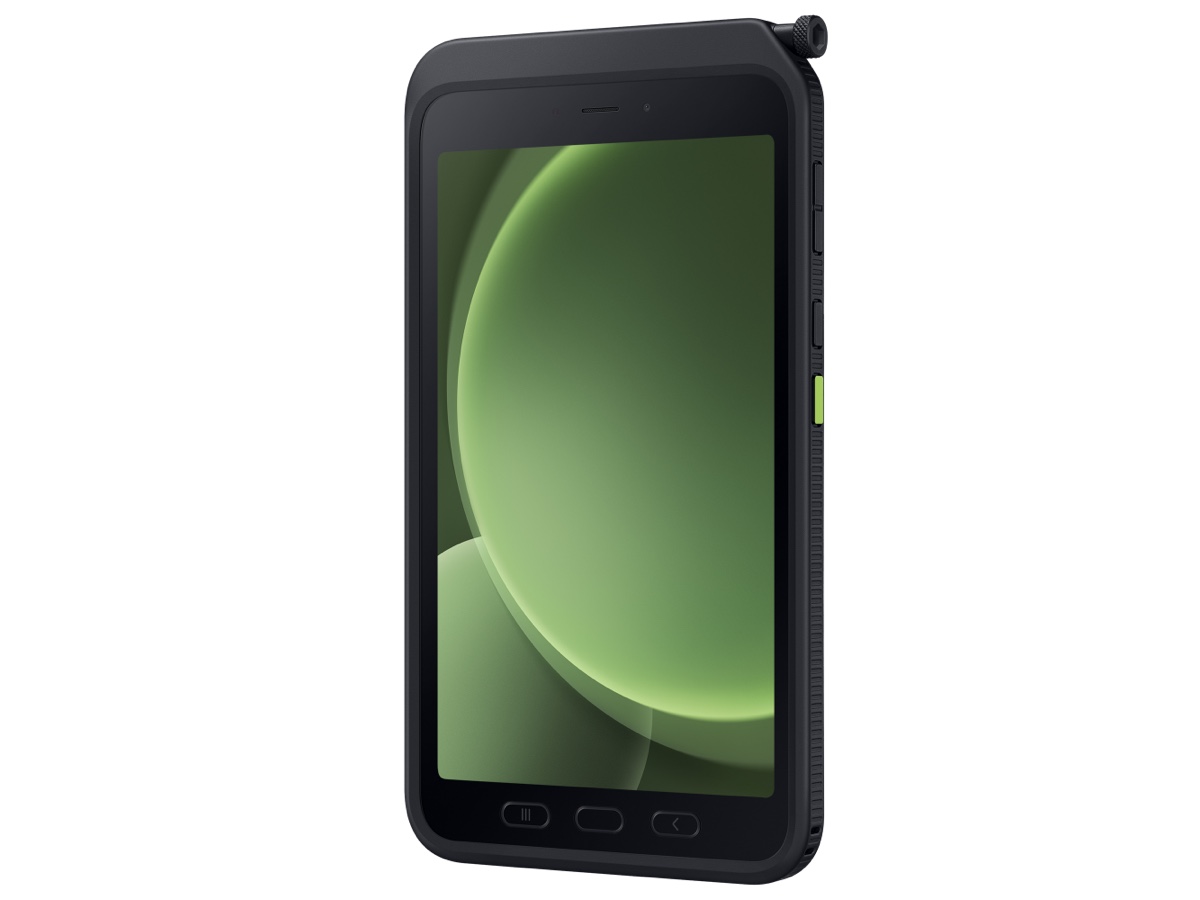 Slide 4: Samsung Galaxy Tab Active5 front view, three quarter right angle in Green colour