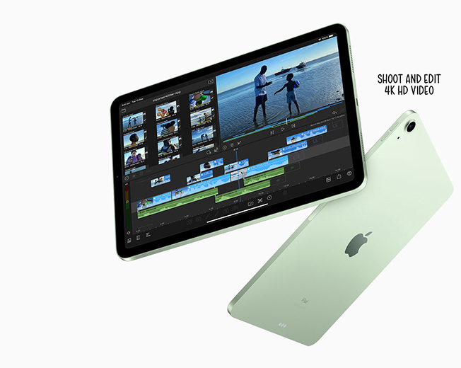 iPad Air 4th gen running video editing software and presenting text saying shot and edit 4K HD video