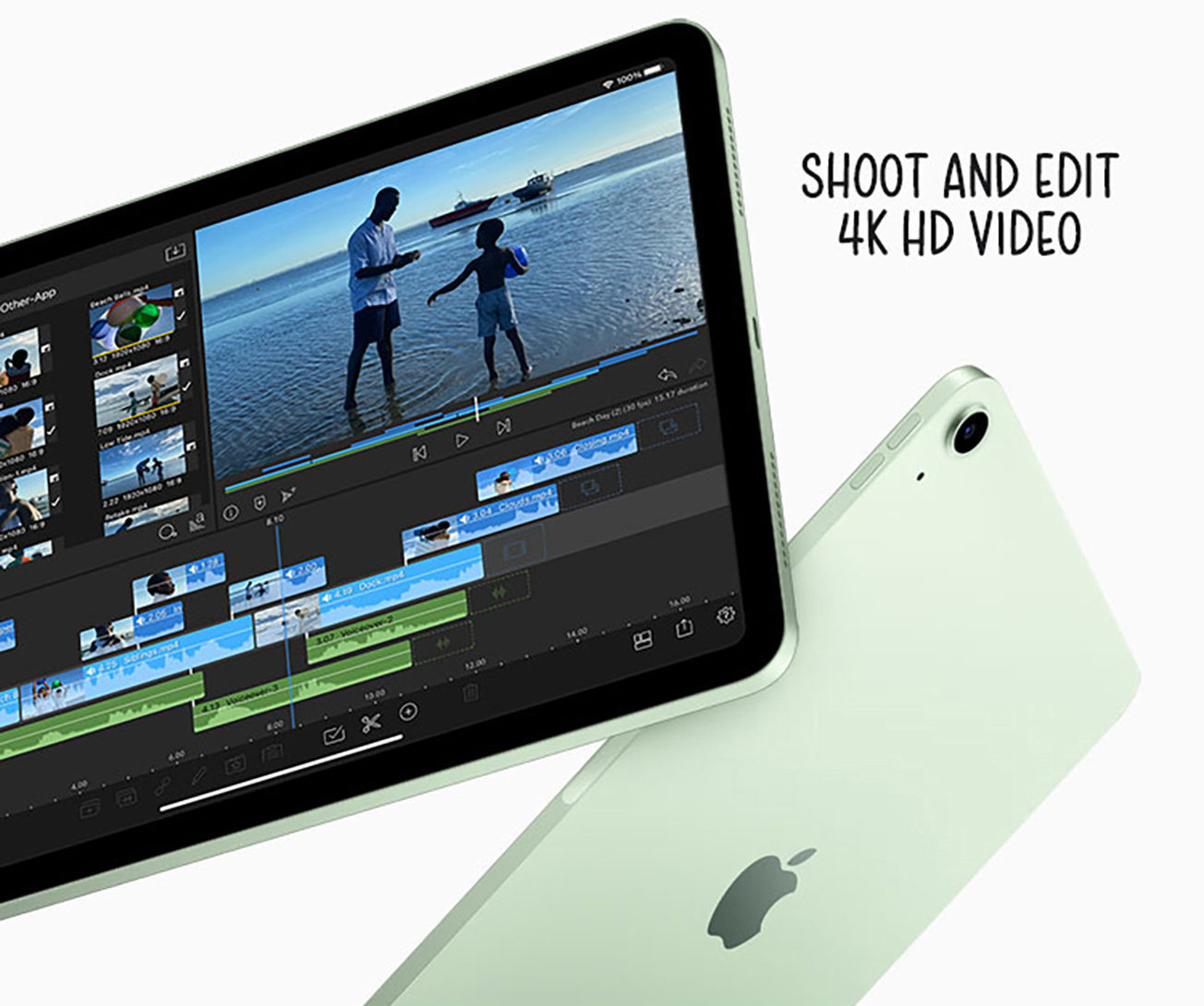 iPad Air 4th gen running video editing software and presenting text saying shot and edit 4K HD video