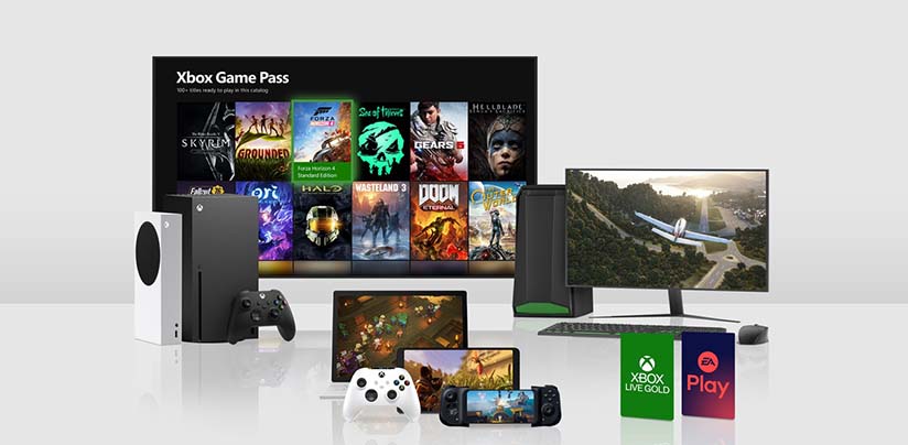 A composite image showing Xbox Cloud Gaming titles, a controller, a tablet, a PC screen and other accessories. 