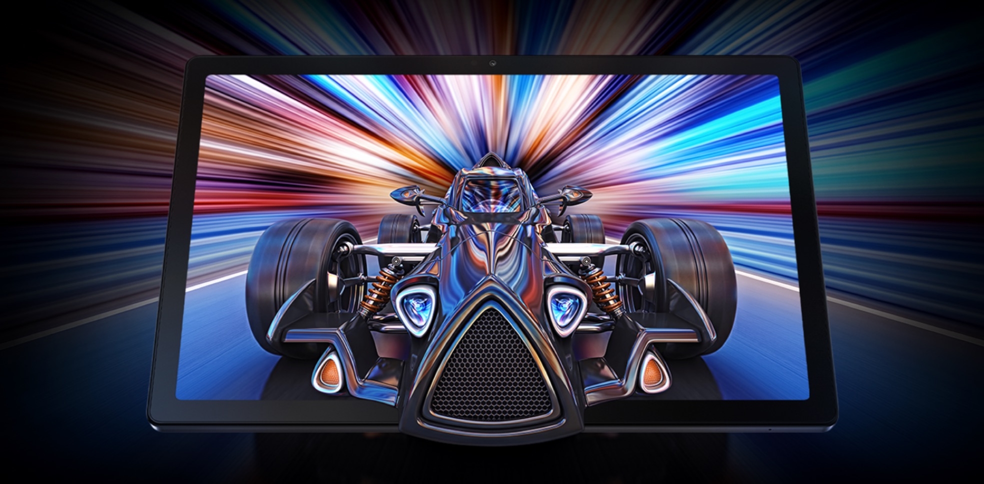 A Galaxy Tab A8 with a very detailed graphic image of a Formula 1 race car on screen.