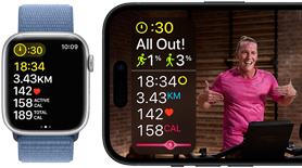 Workout metrics shown on Apple Watch and an Apple Fitness+ workout on iPhone