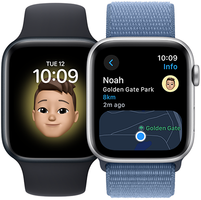 Two Apple Watch SE models. One displays a user's memoji wallpaper. The other a Maps app screen displaying the same user's location.