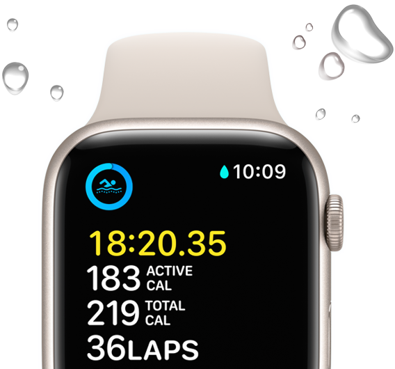 Apple Watch SE displaying a swim workout screen with water droplets framing the device.