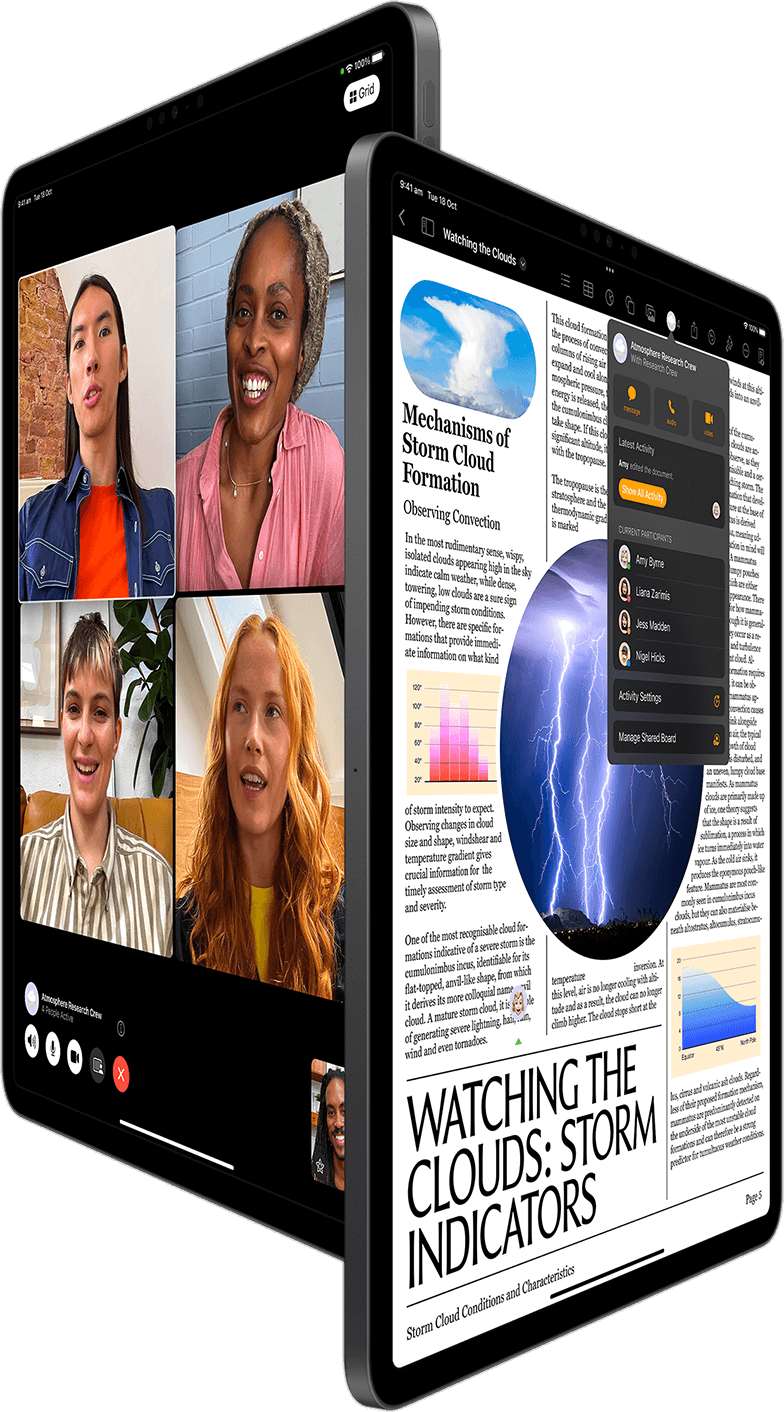 Group FaceTime and Collaboration in Pages shown on two iPad Pro devices.