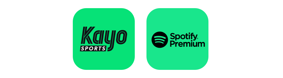 A collection of streaming application logos: Kayo sports, Binge, Spotify Premium and foxtel.