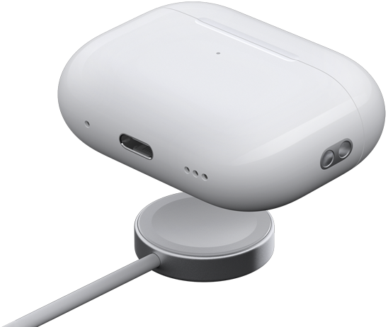 AirPods Pro 2 charging case above an Apple Watch charger