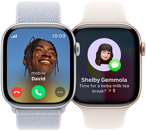 An incoming call on an Apple Watch Series 10 and an incoming text on another Apple Watch Series 10