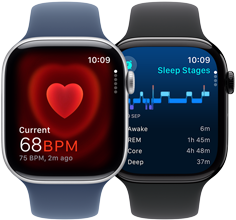 The Heart Rate app showing a current reading of 68 BPM and the Sleep Stages screen on two separate Apple Watch Series 10 devices