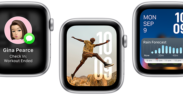 Translate app, Check in app, Photos face, Modular watch face and Vitals app, on five Apple Watch SE devices