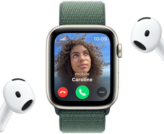 Incoming call on an Apple Watch SE, next to a pair of AirPods