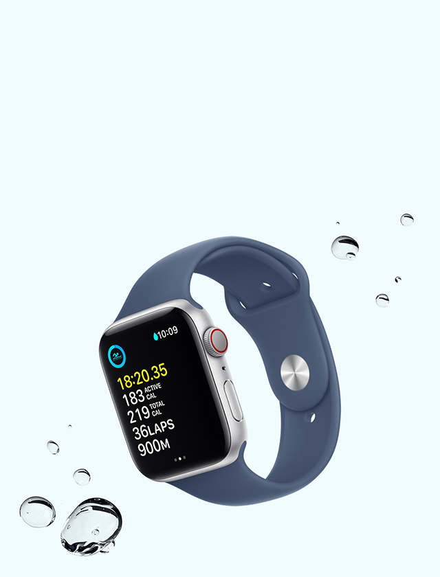 Swimming workout screen on Apple Watch SE, next to droplets of water