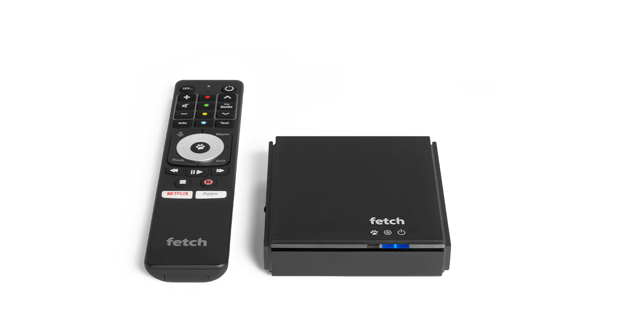 Front view of Fetch Mini box in black and remote sitting on top of the box, showing the controls.