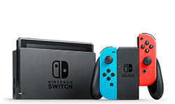 Nintendo Switch console with blue left JoyCon controller and red right JoyCon controller attached, with the black dock