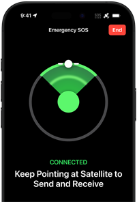 Showing the user's GPS location and messaging via Satellite feature on iPhone 16 Pro. Text on image says: Connected. Keep pointing at satellite to send and receive.