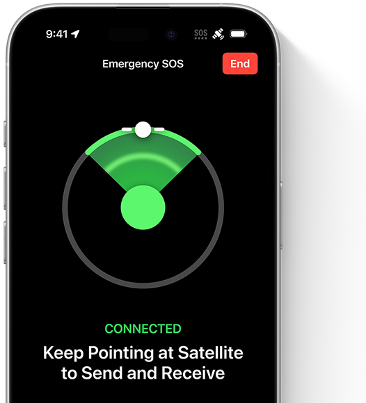 Showing GPS location and Emergency SOS messaging via Satellite on iPhone 16. Text on image says: Connected. Keep pointing at satellite to send and receive.