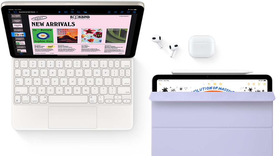 iPad Air attached to Magic Keyboard, with AirPods Pro, Apple Pencil Pro, and Smart Folio accessories