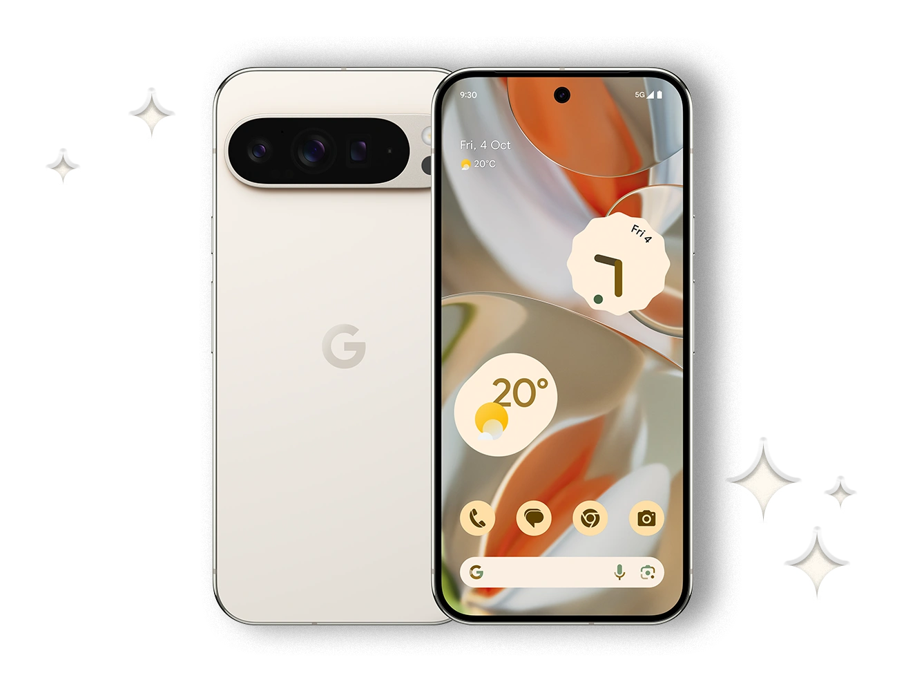 Pixel 9 Pro Front and rear view on a navy background with white stars.