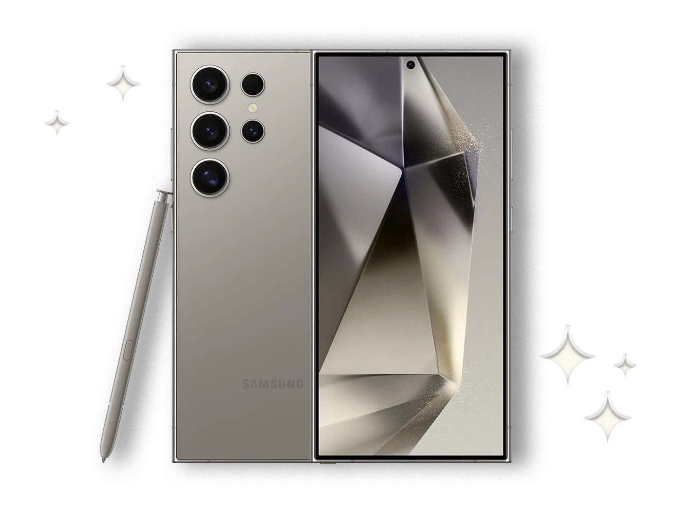 S24 Front and rear view in Titanium Grey colour with Stylus pen on a black background with white stars.