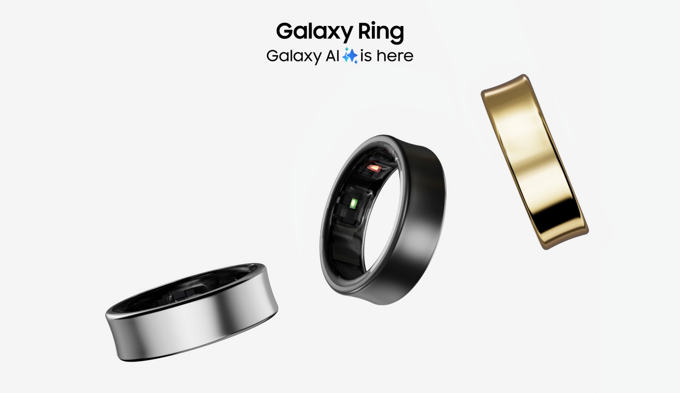 Three Galaxy Rings in Titanium Silver, Titanium Black and Titanium Gold. Text on image: ‘Galaxy Ring. Galaxy AI is here.’