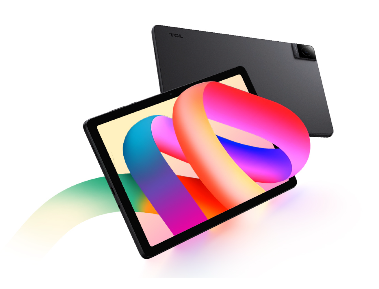 TCL TAB 10L tablet front view in black colour with colourful abstract design on screen. 