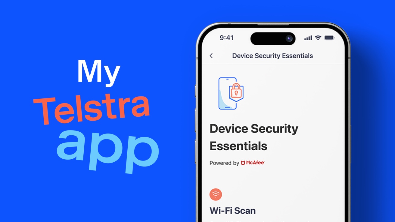 The words 'My Telstra app' and a QR code are shown alongside a smartphone featuring the Device Security Essentials page of the My Telstra app. 