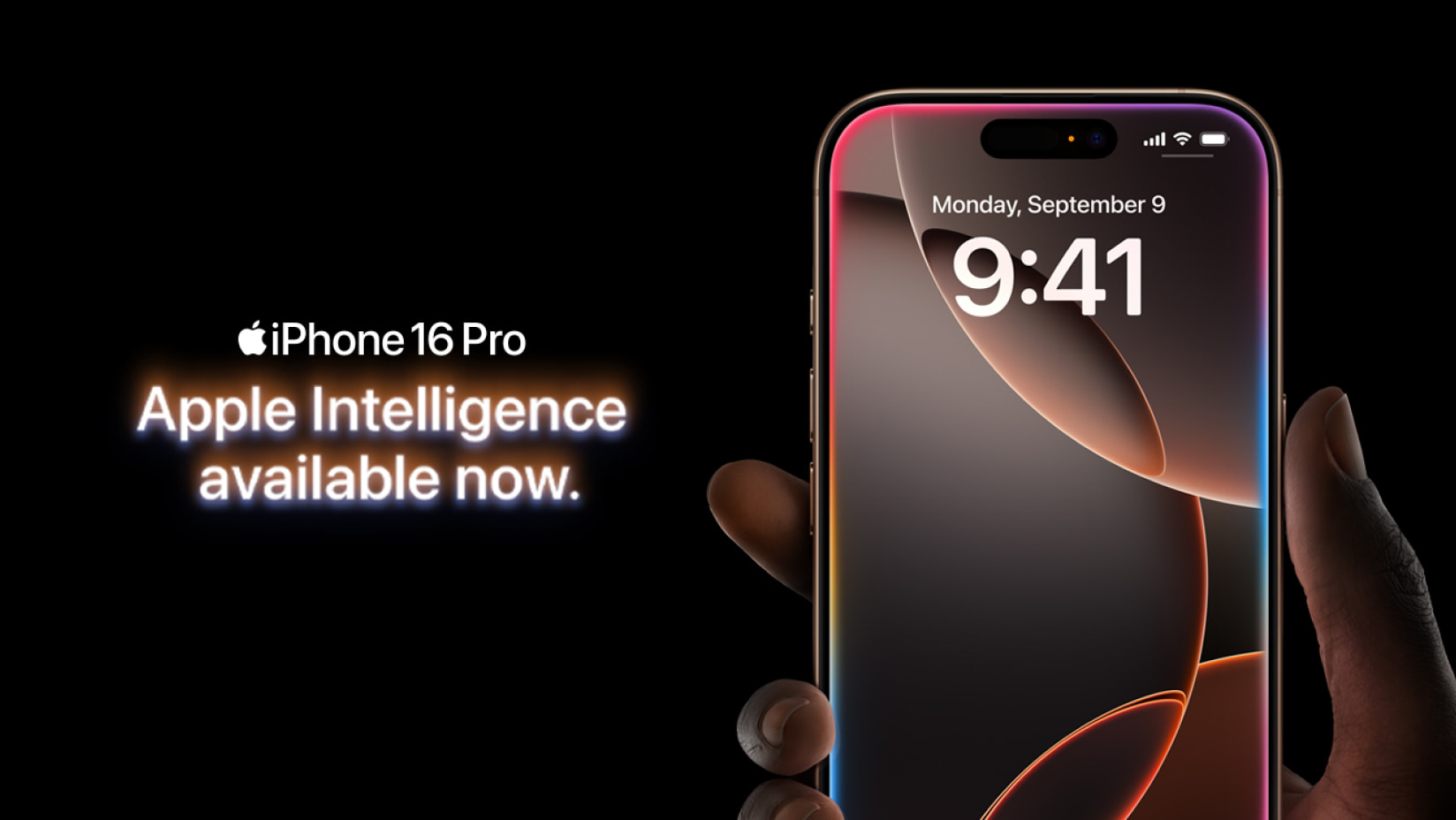 Futuristic image of a hand holding an iPhone 16 Pro. Text reads: "Apple Intelligence available now." 