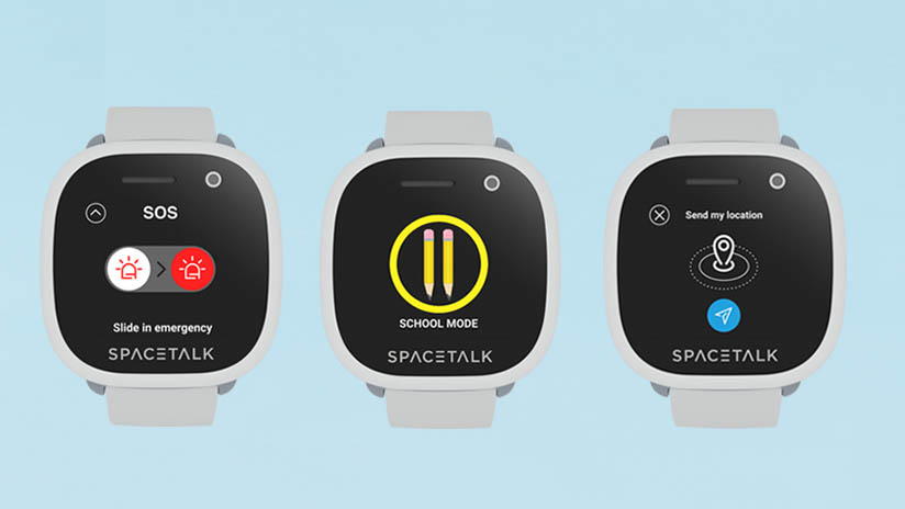 3 illustrations of the SpaceTalk adventurer display. The first display shows the SOS function, the second shows School Mode, and third is of the Send my Location function.