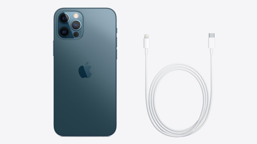 Apple iPhone 12 Pro in Pacific Blue and a USB-C to lightning cable.