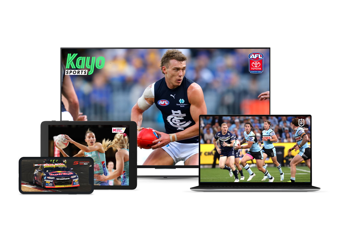 Four different screens showing Kayo sports