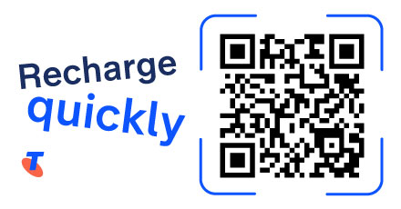 A QR code displayed with the Telstra logo and the words 'Recharge quickly', giving access to My Telstra Express for recharging a Pre-Paid service.