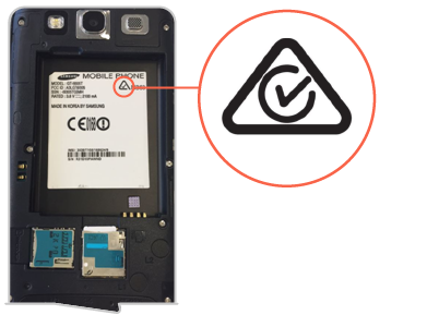 Image of the A-Tick (predecessor to the RCM) located on the product information label of the mobile phone that is underneath where the battery sits.